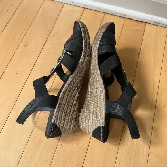 Rieker Wedge Sandals Womens Size 37 EU Shoes Black Slingback Espadrille Leather - Picture 6 of 9